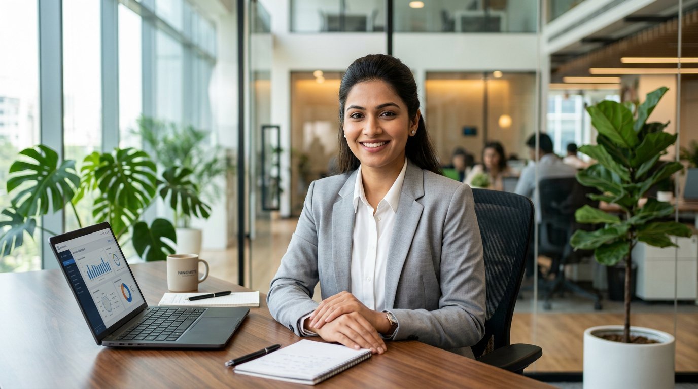 Young professional smiling at her desk