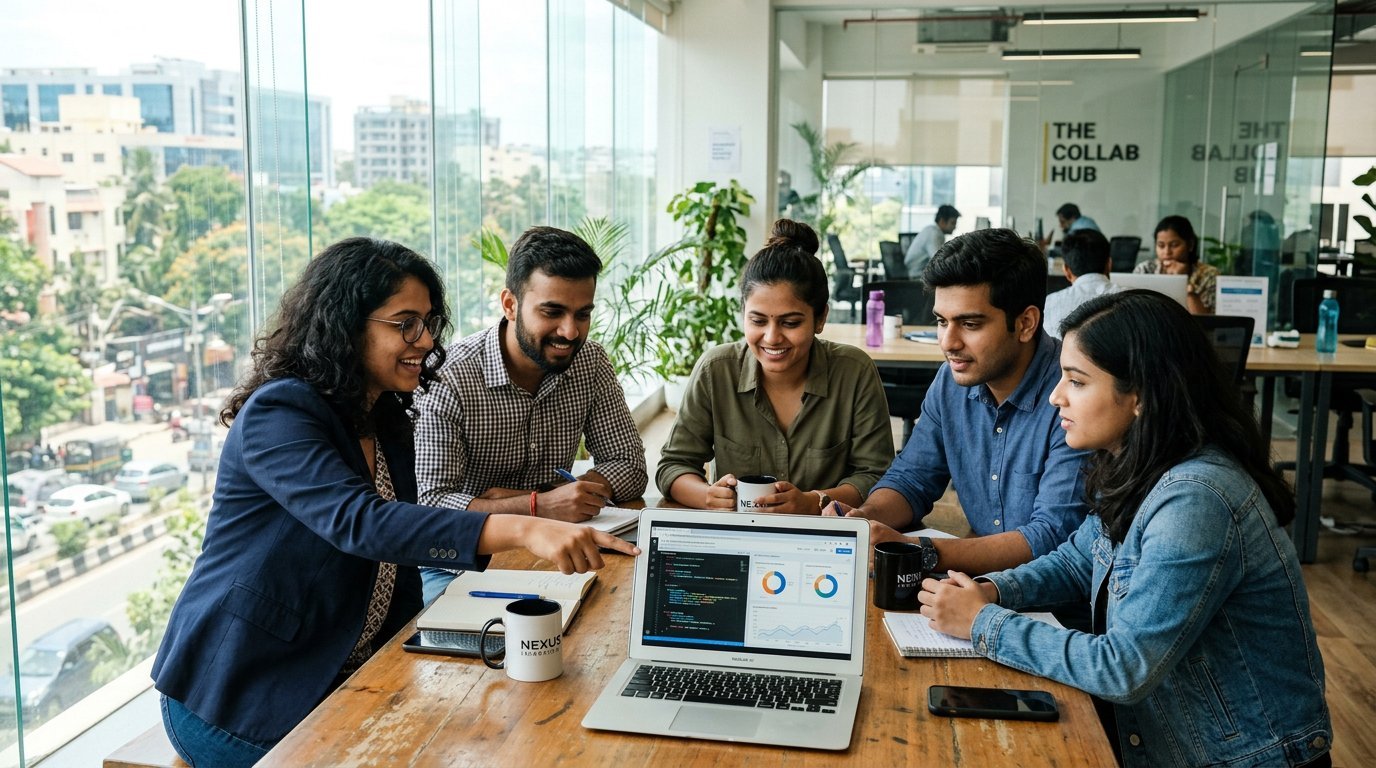 Startup team collaborating around a laptop